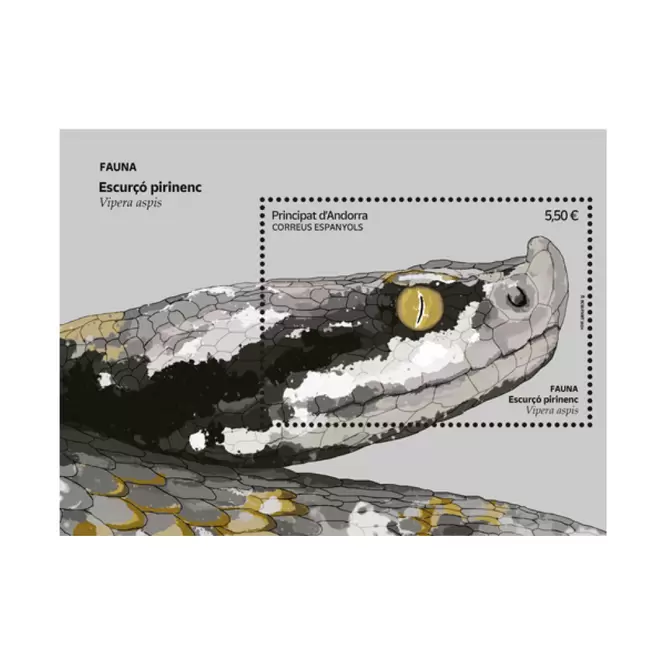 Oferta de Sello Escurçó pirinenc (Vipera aspis) | Serie Fauna | Sellos de Andorra | Hoja Bloque por 6,66€ en Correos