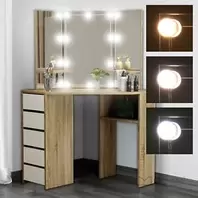 Oferta de Tocador espejo mesa escritorio de maquillaje comoda cajónes MDF sonoma con LED por 172,99€ en eBay