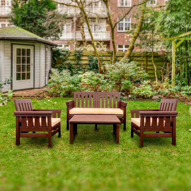 Oferta de Conjunto de jardín Palma 1 mesa + 2 sillas + 1 sillón marrón oscuro por 239€ en Embargos a lo bestia