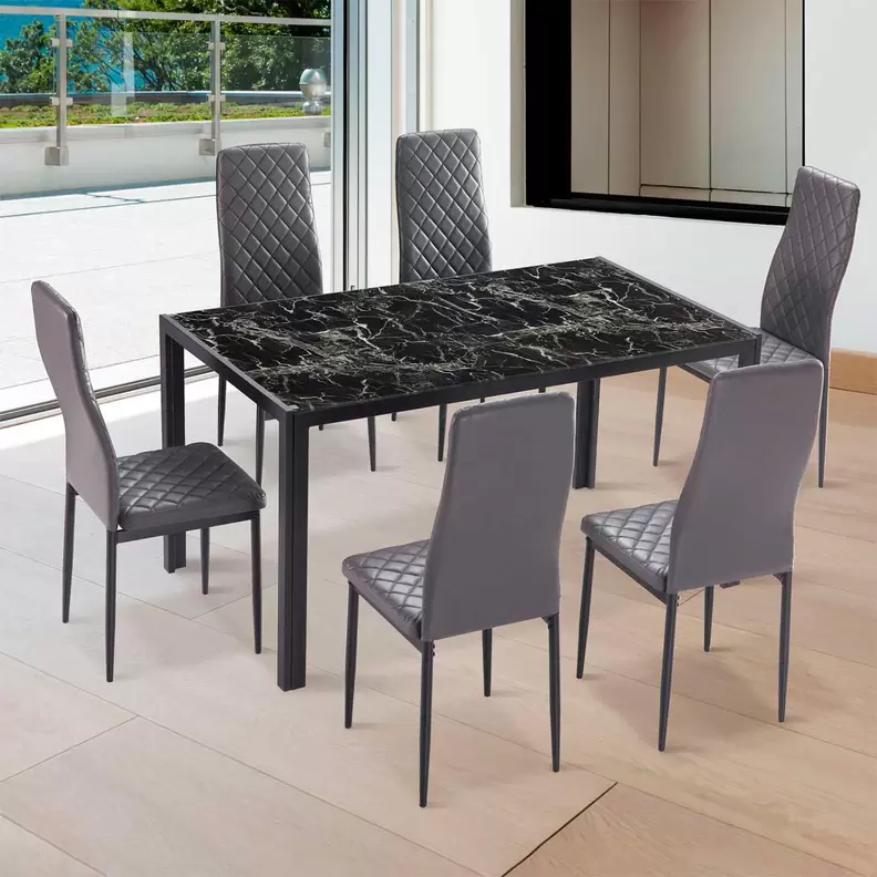 Oferta de Conjunto de comedor Mármol 1 mesa + 6 sillas de comedor negro/gris por 219€ en Embargos a lo bestia