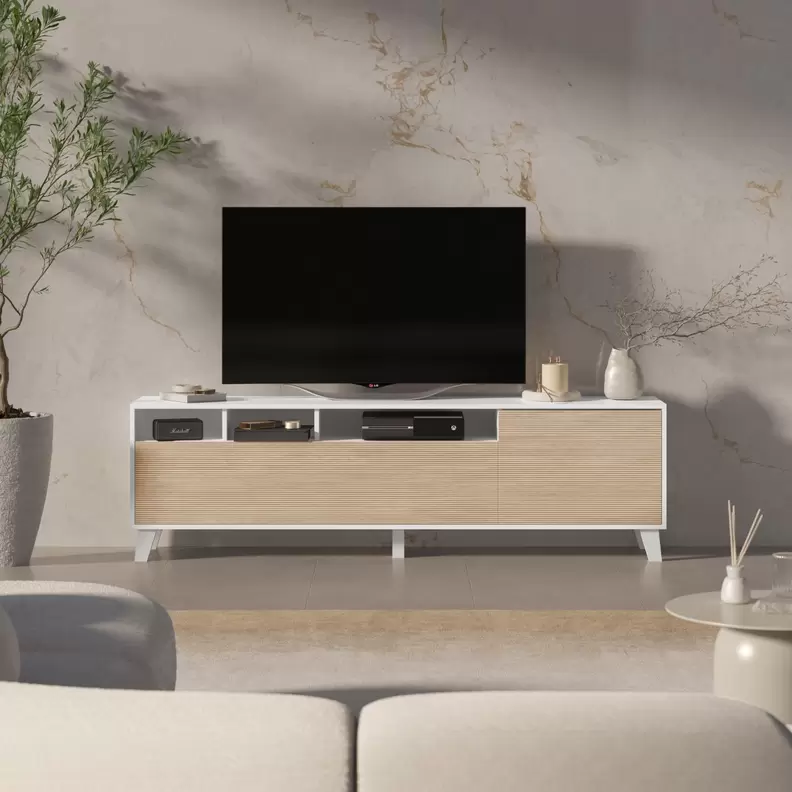 Oferta de Mueble de TV Alcatraz 2 puertas + compartimento blanco/natural 42x180x34 cm por 109€ en Embargos a lo bestia