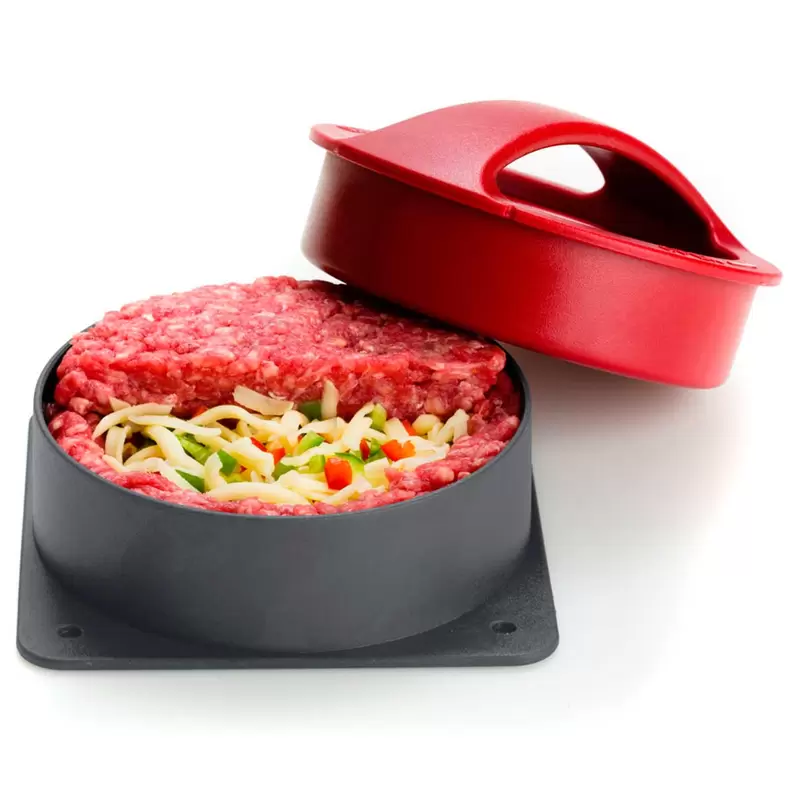 Oferta de Prensa de hamburguesa con relleno negro/rojo Ø11x6,5cm por 4,5€ en Embargos a lo bestia