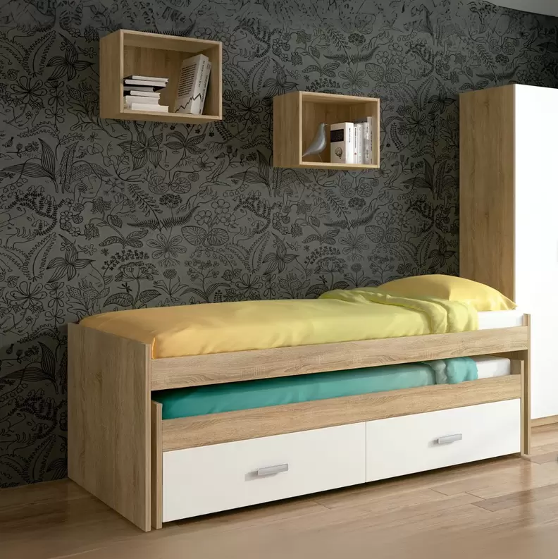 Oferta de Composición de dormitorio Champion cama nido + 2 estantes cambria/blanco por 374€ en Embargos a lo bestia