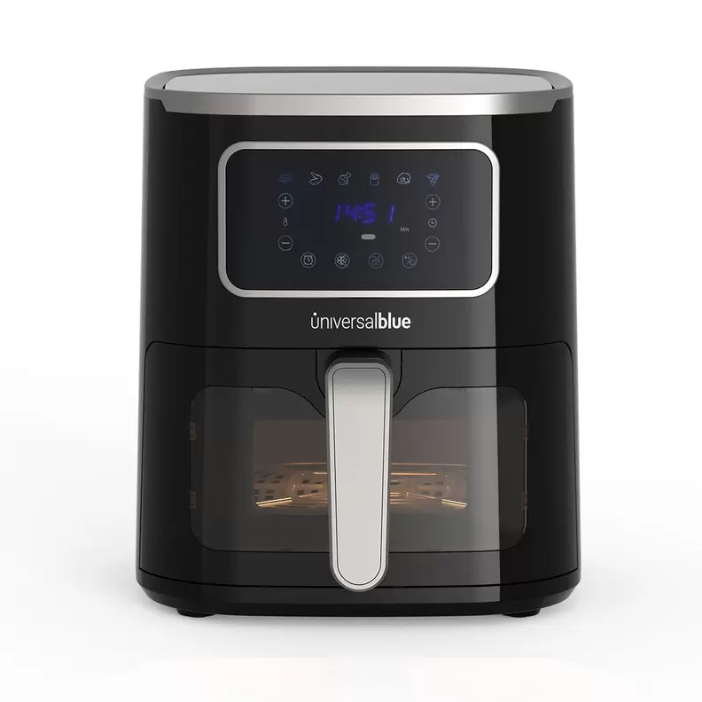 Oferta de Freidora de aire Air Crispy 6005B Universal Blue 1450W 5L 6 recetas con accesorios negro por 63,99€ en Embargos a lo bestia