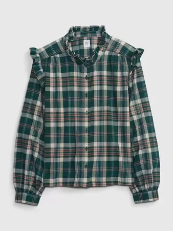 Oferta de Kids Ruffle Sleeve Button-Down Shirt - blue green plaid por 47€ en GAP