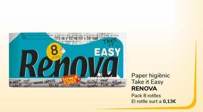 Oferta de Papel higienic Take it Easy Renova pack 8 rotlles por 1€ en Supeco