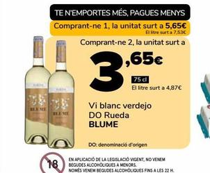 Oferta de Vi blanc verdejo DO Rueda Blume por 5,65€ en Supeco