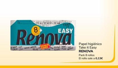 Oferta de Papel higiénico Take it Easy Renova pack 8 rollos por 1€ en Supeco