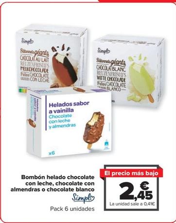 Oferta de Simpl - Bombon helado chocolate con leche , chocolate con almendras o chocolate blanco por 2,45€ en Carrefour