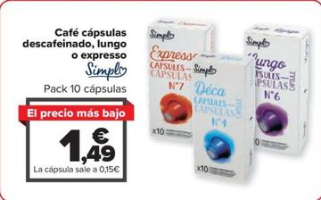 Oferta de Simpl - Café cápsulas descafeinado, lungo o expresso por 1,49€ en Carrefour