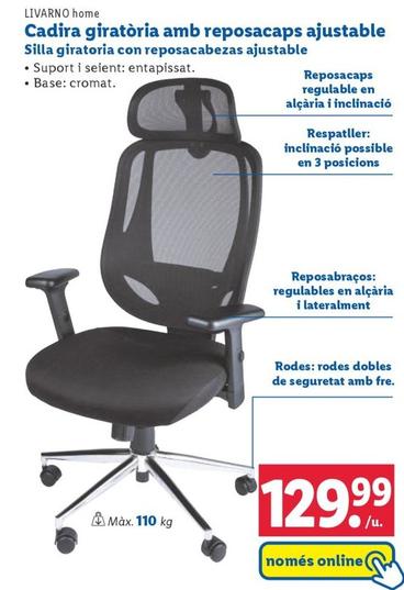Oferta de Cadira Giratòria Amb Reposacaps Ajustable por 129,99€ en Lidl