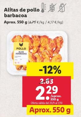 Oferta de Alitas de pollo barbacoa por 2,29€ en Lidl