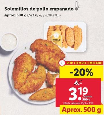 Oferta de Solomillos de pollo empanado por 3,19€ en Lidl