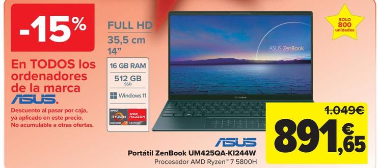 Oferta de Portatil zenbook UM425QA-KI244W por 891,65€ en Carrefour