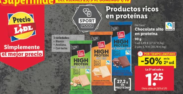 Oferta de Chocolate alto en proteina 90 g por 1,25€ en Lidl