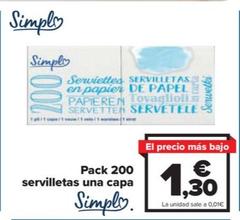 Oferta de Simpl - pack 200 servilletas una capa por 1,3€ en Carrefour