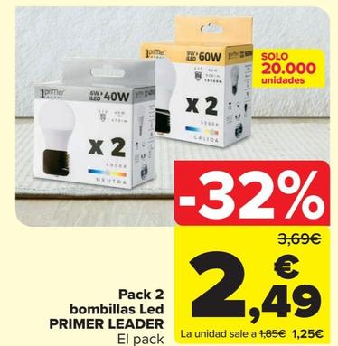 Oferta de Prime leader - pack 2 bombillas led por 2,49€ en Carrefour