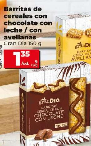 Oferta de Barritas de cereales con chocolate con leche / con avellanas por 1,35€ en Dia