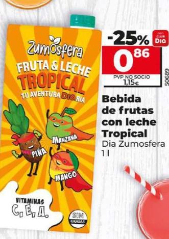 Oferta de Bebida de frutas con leche Tropical Zumosfera por 0,86€ en Dia