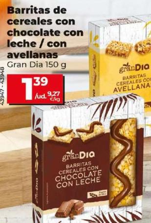 Oferta de Barritas De Cereales Con Chocolate Con Leche / Con Avellanas por 1,39€ en Dia