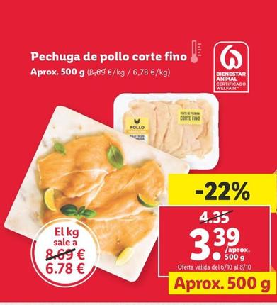 Oferta de Pechuga de pollo corte fino por 3,39€ en Lidl