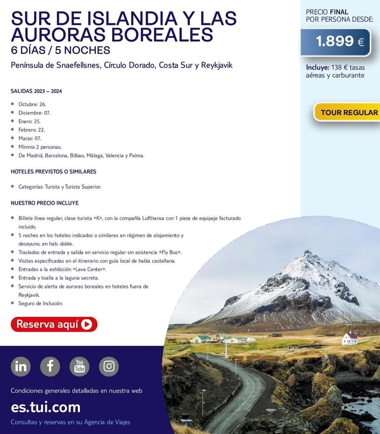 Oferta de Tui - Sur De Islandia Y Las Auroras Boreales por 1899€ en Tui Travel PLC