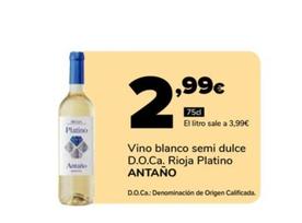 Oferta de Vino Blanco Semi Dulce D.o.ca Rioja Platino por 2,99€ en Supeco