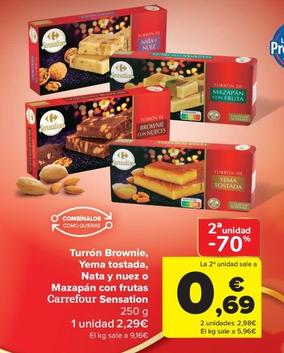 Oferta de Turron Brownie Yema Tostada Nata Y Nuez O Mazapan Con Frutas por 0,69€ en Carrefour Market