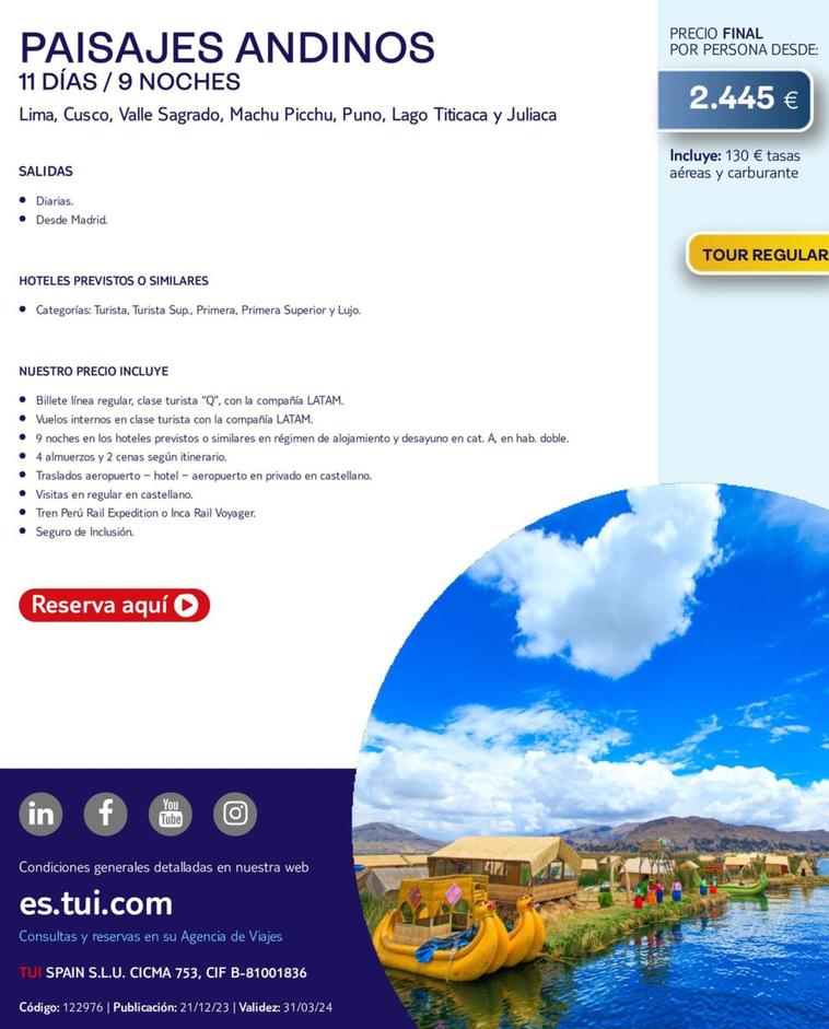 Oferta de Tui - Paisajes Andinos por 2445€ en Tui Travel PLC