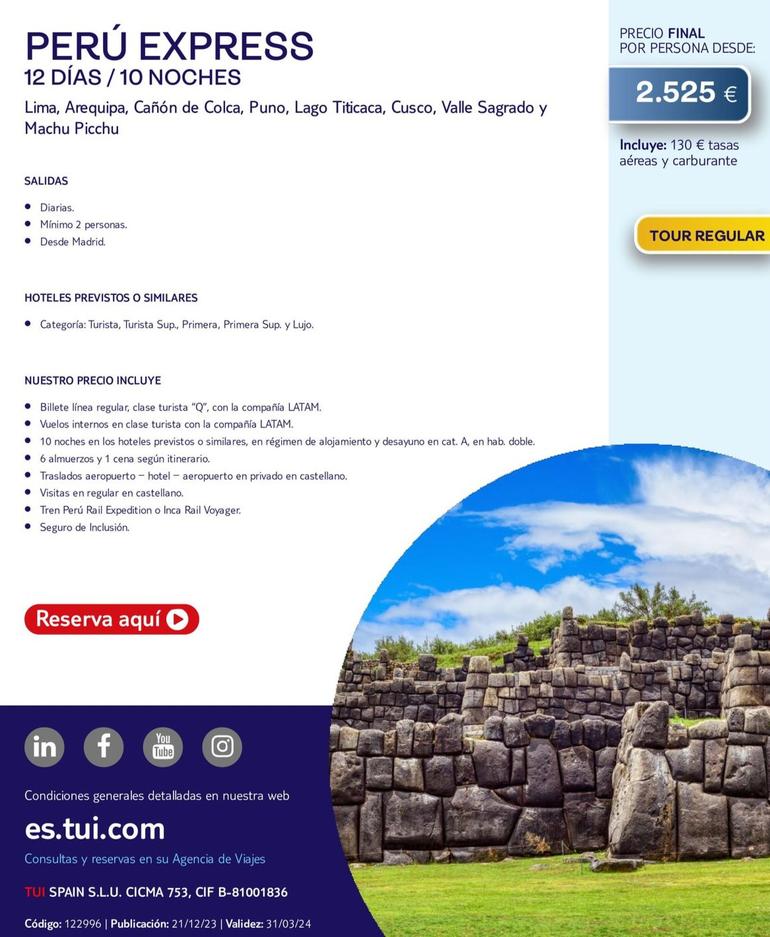 Oferta de Tui - Perú Express por 2525€ en Tui Travel PLC