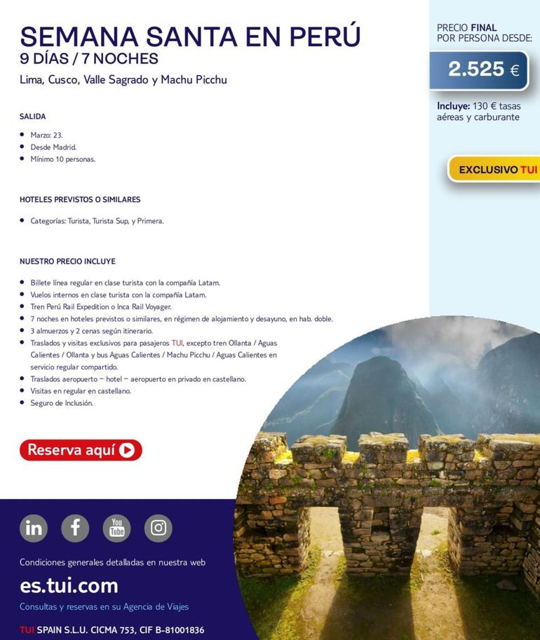 Oferta de Tui - Semana Santa En Perú por 2525€ en Tui Travel PLC