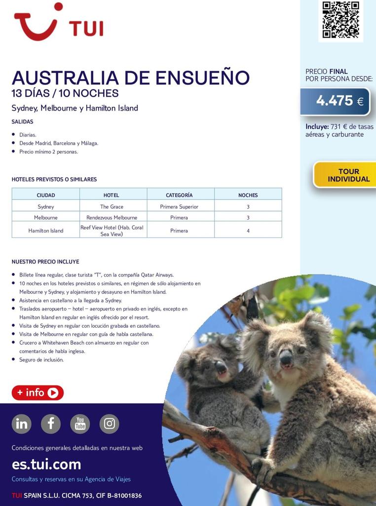 Oferta de Australia De Ensueño 13 Días/10 Noches por 4475€ en Tui Travel PLC