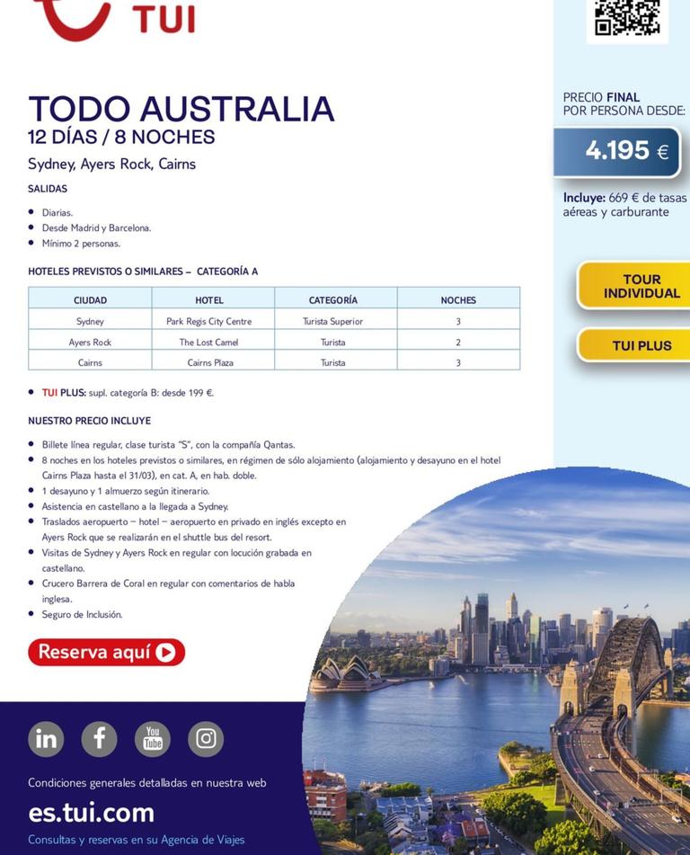 Oferta de Todo Australia por 4195€ en Tui Travel PLC