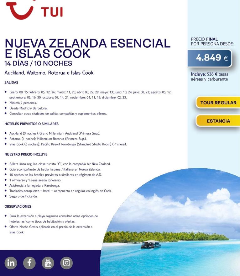 Oferta de Nueva Zelanda Esencial E Islas Cook por 4849€ en Tui Travel PLC