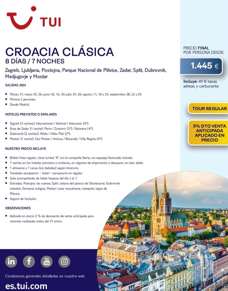 Oferta de Tui - Croacia Clásica por 1445€ en Tui Travel PLC
