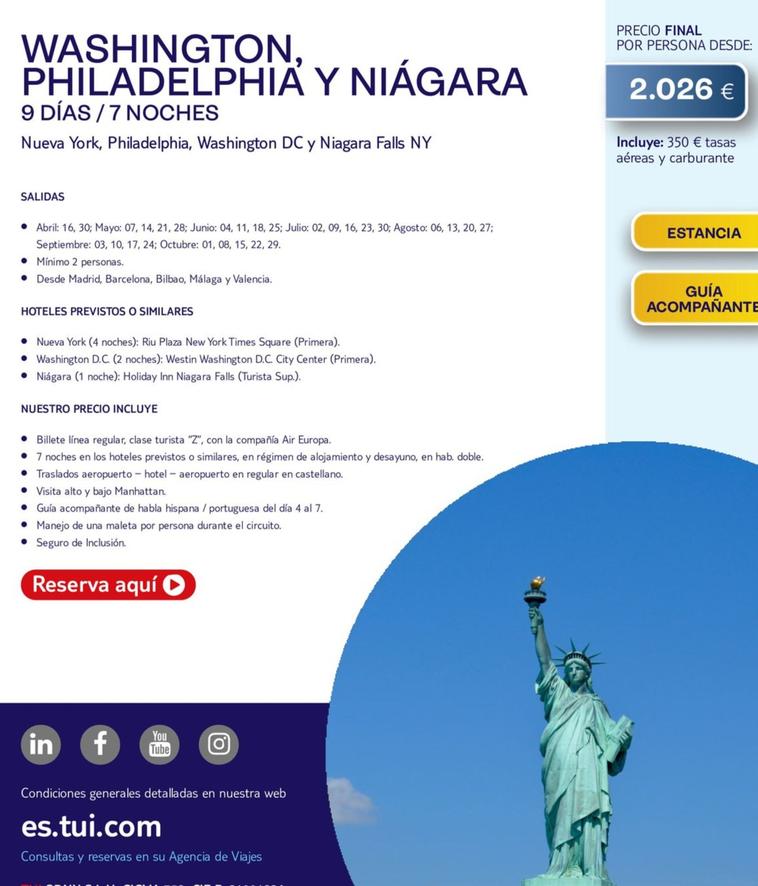 Oferta de Washington, Philadelphia Y Niagara 9 Días / 7 Noches por 2026€ en Tui Travel PLC