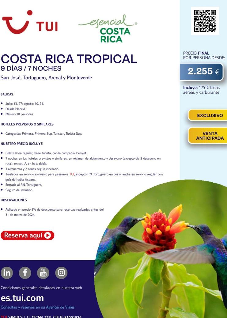 Oferta de Costa Rica Tropical por 2255€ en Tui Travel PLC