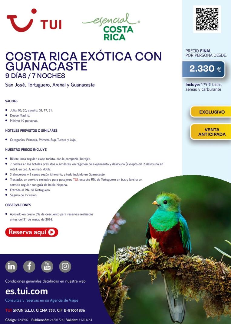 Oferta de Costa Rica Exotica Con Guanacaste por 2330€ en Tui Travel PLC