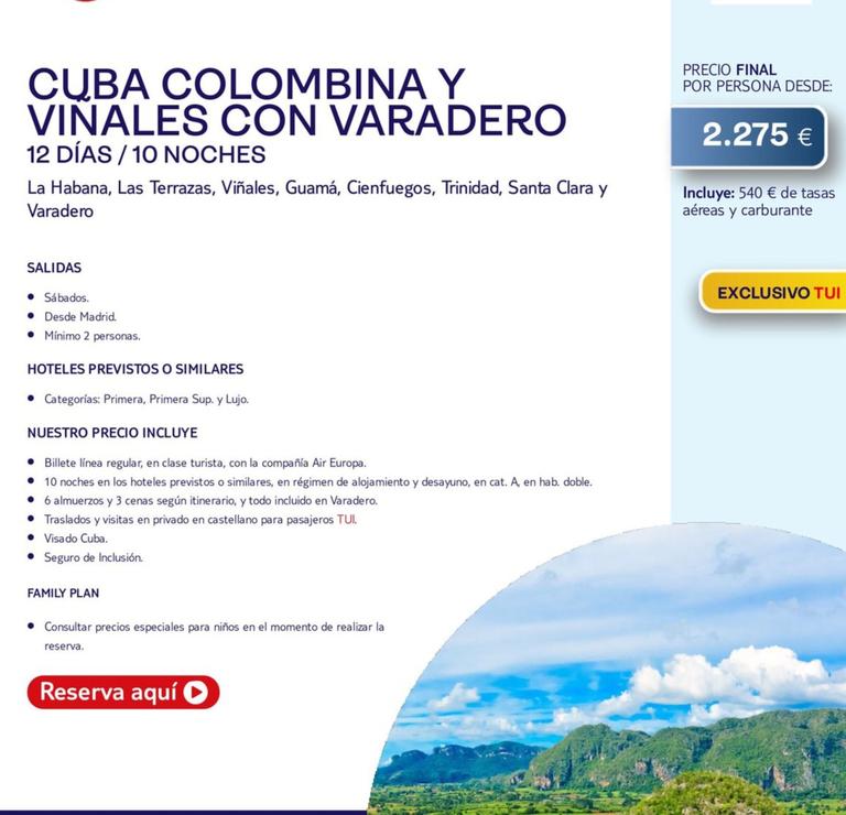 Oferta de Cuba Colombina Y Vinales Con Varadero por 2275€ en Tui Travel PLC