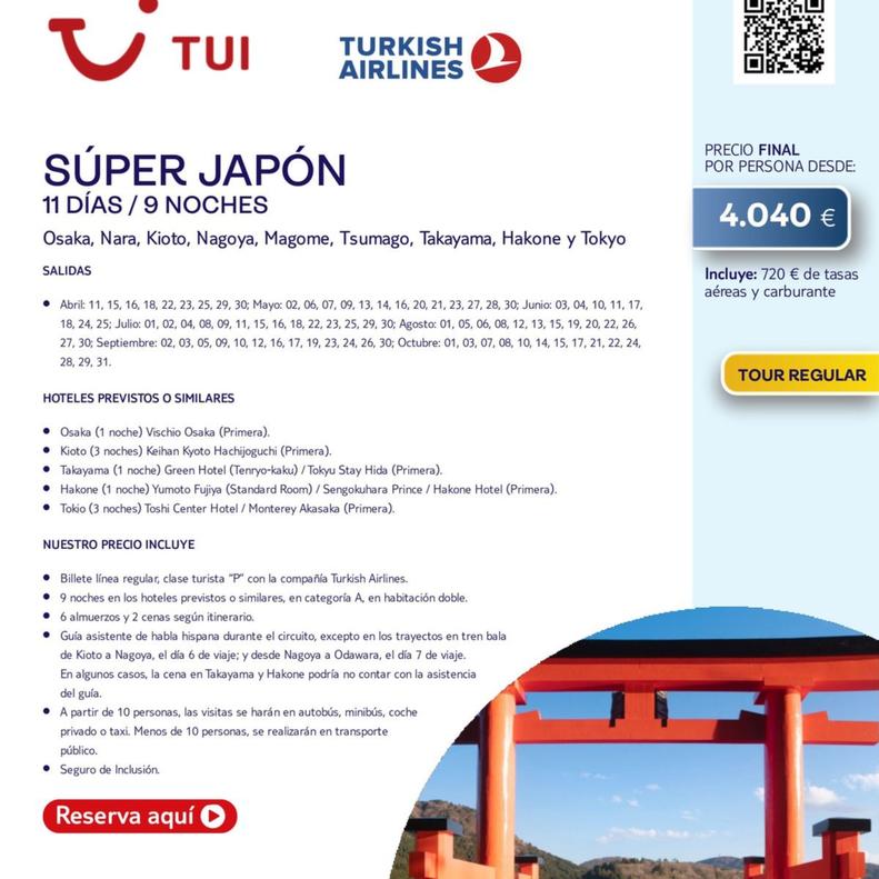 Oferta de Viajes A Japón por 4040€ en Tui Travel PLC