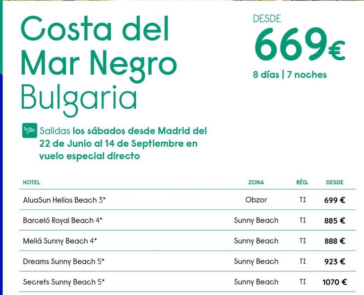Oferta de Costa Del Mar Negro Bulgaria  por 669€ en Travelplan
