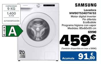 Oferta de Samsung - Lavadora  WW90T534DTW/S3 por 459€ en Carrefour