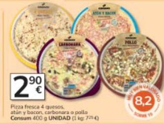 Oferta de Consum - Pizza Fresca 4 Quesos, Atún Y Bacon, Carbonara O Pollo por 2,9€ en Consum