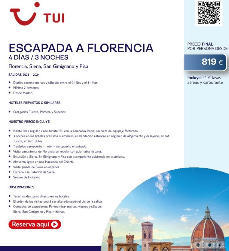 Oferta de Tui - Escapada A Florencia por 819€ en Tui Travel PLC