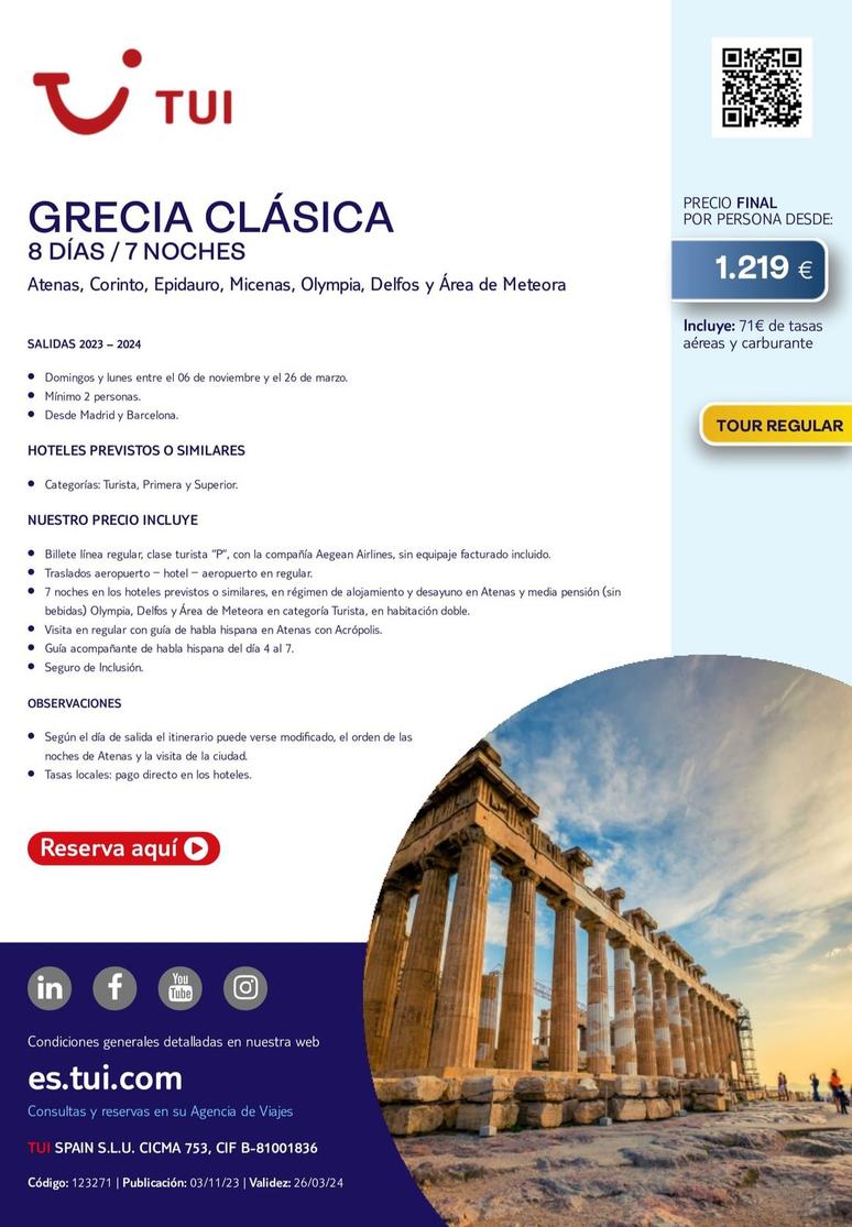 Oferta de Tui - Grecia Clásica por 1219€ en Tui Travel PLC