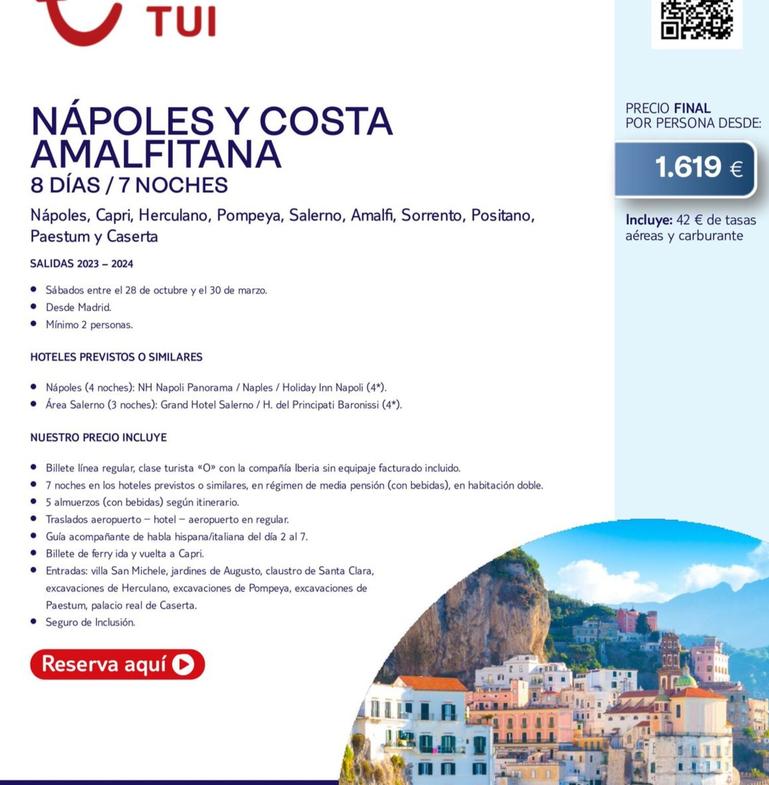 Oferta de Nápoles Y Costa Amalfitana 8 Días/7 Noches por 1619€ en Tui Travel PLC