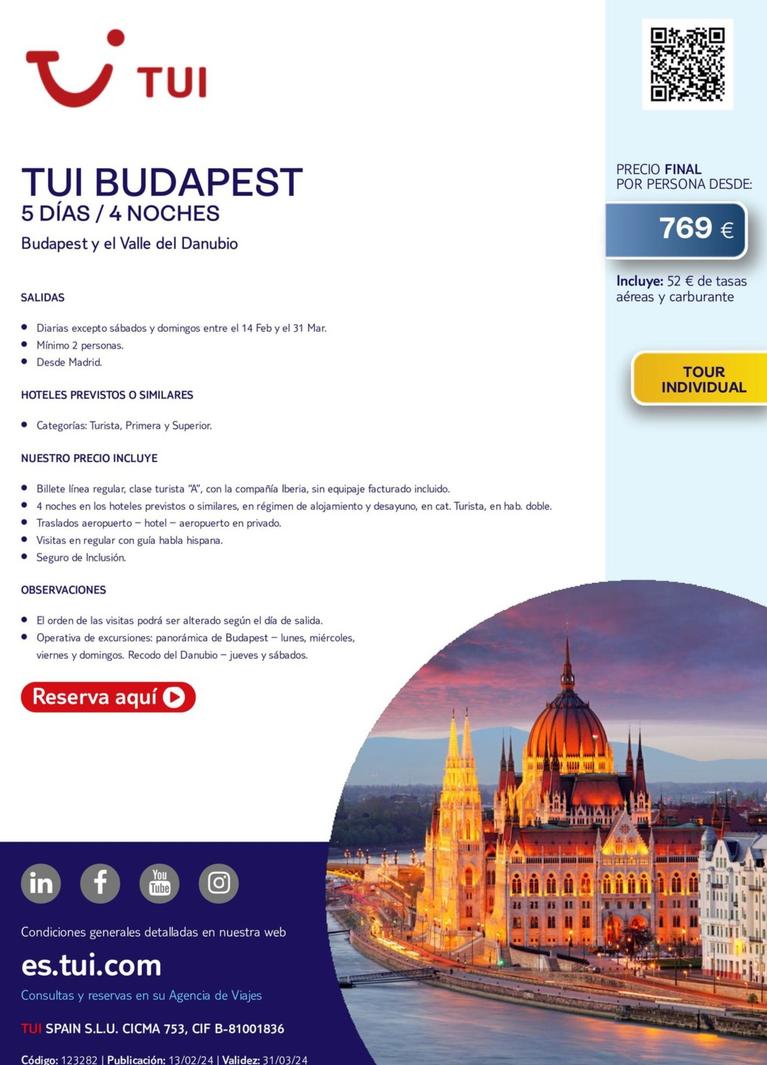 Oferta de Tui - Budapest por 769€ en Tui Travel PLC