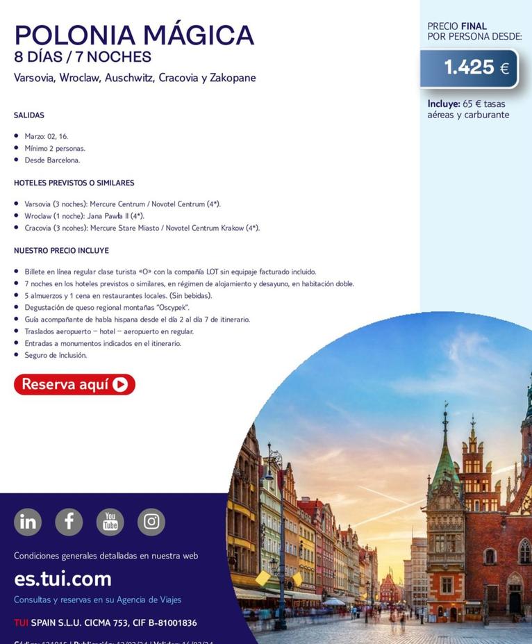 Oferta de Tui - Polonia Mágica por 1425€ en Tui Travel PLC
