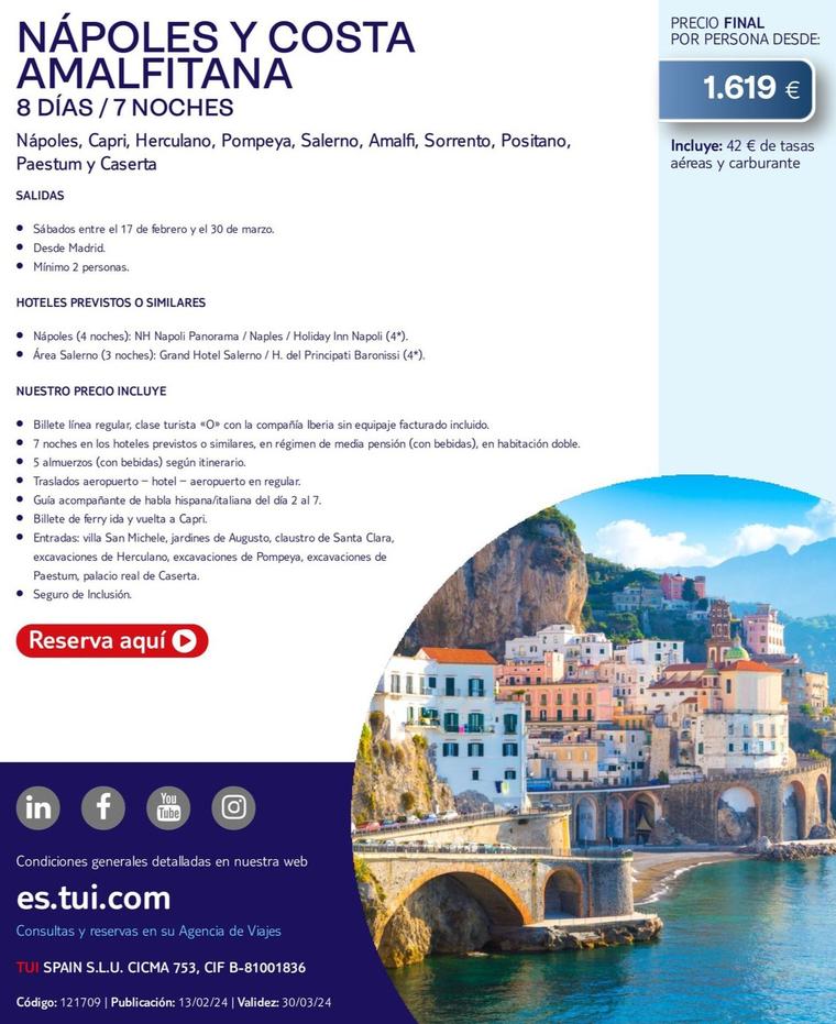 Oferta de Tui - Nápoles Y Costa Amalfitana por 1619€ en Tui Travel PLC