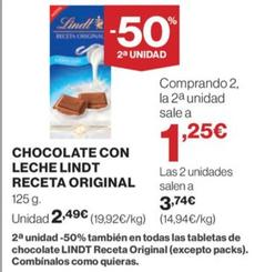 Oferta de Lindt Chocolate con Leche por 2,49€ en Hipercor